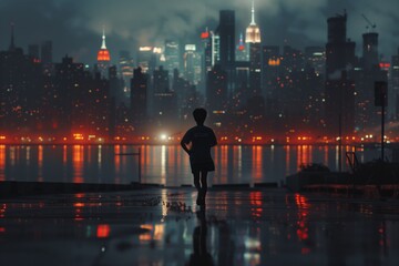 Fototapeta na wymiar The Enigmatic Solo Runner: Illuminating The Night Time Cityscape
