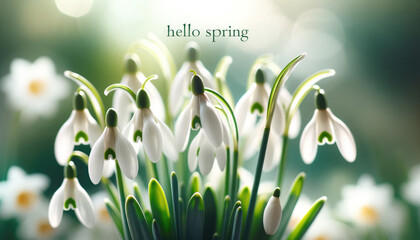  Delicate snowdrop flowers in full bloom, with a soft-focus background of greenery and light. The phrase hello spring celebrating the arrival of the new season. Greeting card.