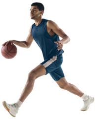 Motivation to win. Young muscular man, basketball player during game, in motion with ball isolated...