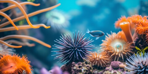 Vibrant Marine Life Sea Urchins, Coral, And Fish Create An Underwater Oasis