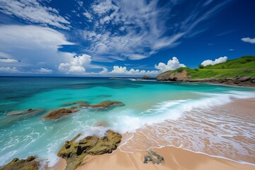 Vibrant Tropical Beach Scene With Crystal Blue Ocean And Fluffy White Clouds
