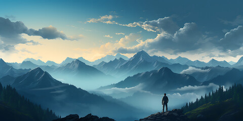 Man standing on the edge of the cliff and looking at the mountains - obrazy, fototapety, plakaty