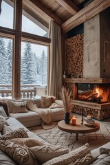 cozy living room in a wooden chalet