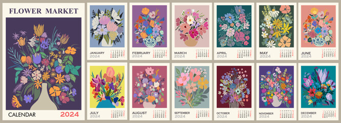 Floral calendar template for 2024 . Vertical design with abstract flowers. Vector illustration page template A3, A2 for printable wall monthly calendar. Week starts on Sunday.