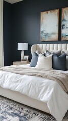 Boy's room Off-white upholstered bed, dark gray wall