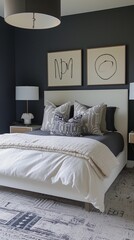Boy's room Off-white upholstered bed, dark gray wall