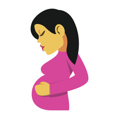 Pregnant Woman vector icon. Isolated  pregnant woman holding her round stomach emoji sticker design.