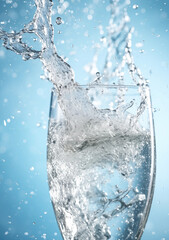 Dynamically pouring sparkling water from a clear glass, capturing the effervescence and motion of the beverage. This vibrant and refreshing image is perfect for promoting fizzy drinks, hydration