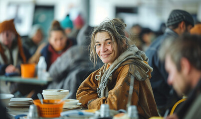 Positive homeless woman with a smile, a homeless cafe. Urban poverty and hunger concept. Street lifestyle and survival.
