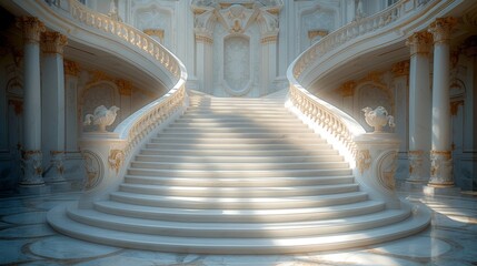 Grand Staircase in a Classical Museum: A majestic staircase within a classical museum, featuring intricate architectural details and a sense of grandeur - obrazy, fototapety, plakaty