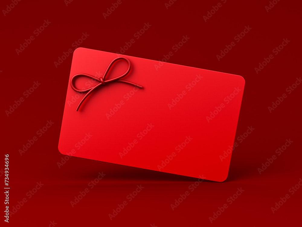 Aufkleber all red gift card or blank minimal red gift card or gift voucher with red rope ribbon bow isolated o