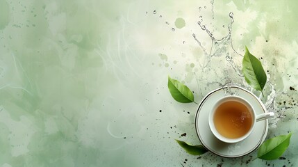 Elegant tea cup surrounded by fresh green leaves on a light, watercolor background. perfect for relaxation themes. AI