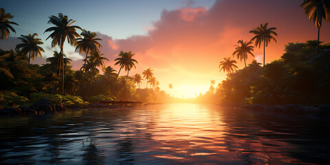 Fototapeta na wymiar Beautiful sunset over the sea and palm trees. 3d render