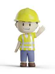 3d builder with greeting pose on transparent background, An engineer with greeting pose, Cartoony builder character, Builder with safety hat, PNG, Isolated