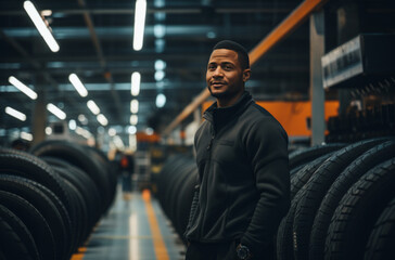 Fototapeta na wymiar a male employee stands next to a high tread tires in an automotive factory