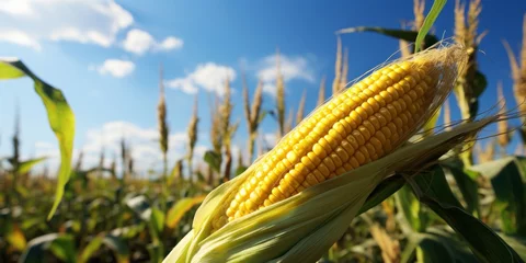 Fotobehang a corn cob is growing in the field © yganko