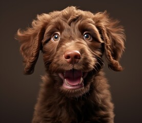 a brown retriever puppy stands with his mouth open