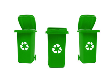 Three green trash cans isolated on transparent background.