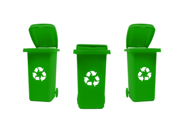 Three green trash cans isolated on transparent background.