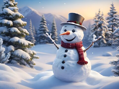 snowman in the winter forest with christmas tree