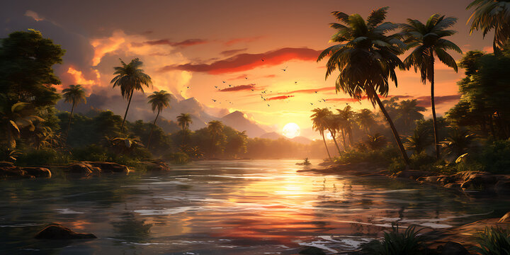 Beautiful sunset over the sea and palm trees. 3d render