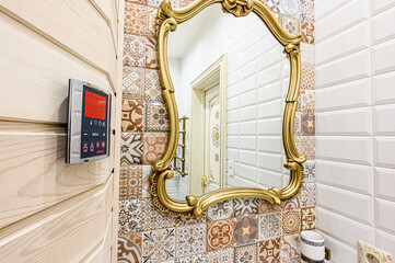 interior apartment room bathroom, sink, decorative elements, toilet. WC, sanitary unit, wash room