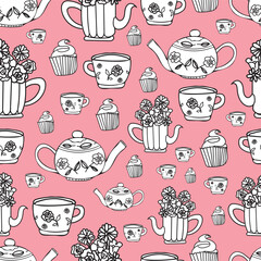 vectoriel éléments Garden Tea Party dessinés à la main motif répété, parfait pour le papier d'emballage, les invitations, le thé, les assiettes en papier