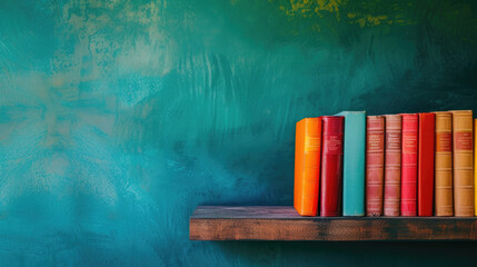 wooden bookshelf with books with colored covers orange, yellow, red, empty space for text, blue background