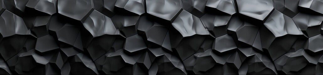 A 3D black wall with a matte finish, featuring an array of interlocking polygons. - obrazy, fototapety, plakaty