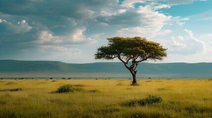 Fototapeta na wymiar Serene african savannah landscape with a solitary tree, peaceful sky, and vast plains. ideal for backgrounds and nature themes. AI