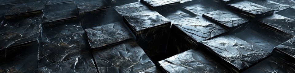 3D wall of shadowy obsidian, with a glassy finish and acute angles, suggesting a labyrinth of hidden chambers.