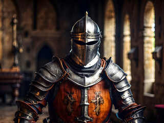 Naklejka premium Medieval knight in armor in the castle