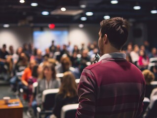 A person attending a seminar on passive income strategies, learning about real estate, stocks, and other investment opportunities - obrazy, fototapety, plakaty