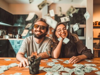 A couple enjoying financial freedom and flexibility thanks to successful passive income investments - obrazy, fototapety, plakaty