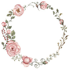 Watercolor pink peony flowers, leaves  wreath illustration