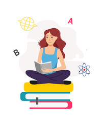 Student girl with books flat illustration education concept 