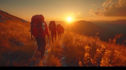 Sporty people in the Altai mountains, Siberia, Russia, walking at sunset with backpacks.