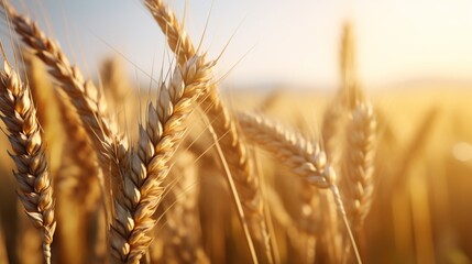A wheat field with yellow, ripe wheat growing under the bright sunlight.