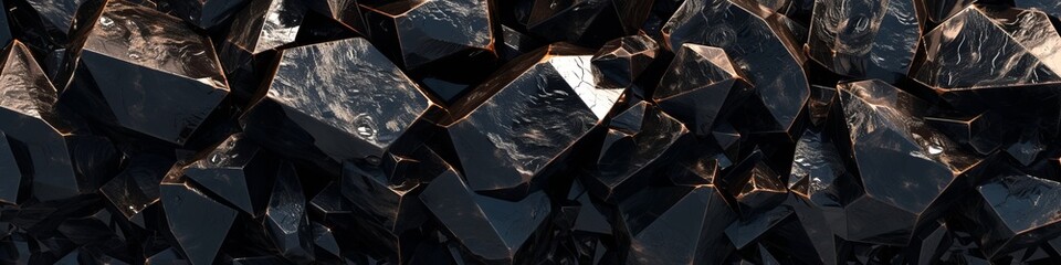 A 3D wall of night-black obsidian, with a shimmering sheen and geometric sharpness, portraying an aura of hidden realms. - obrazy, fototapety, plakaty