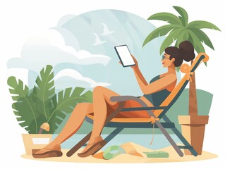 Illustration of a person sitting on a beach chair, sipping a cocktail and checking passive income streams on their smartphone