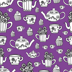 vectoriel éléments Garden Tea Party dessinés à la main motif répété, parfait pour le papier d'emballage, les invitations, le thé, les assiettes en papier