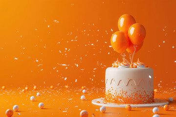 festive background for birthday, cake with rhem, balloons, 3d, orange background, empty space for text in the center