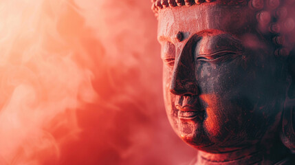 close-up of the head of a buddha figurine, bronze with shimmer, on a red smoky background