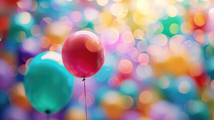 red balloon on a ribbon, on a multi-colored background with bokeh, birthday decor