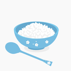 Rice bowl with cherry blossom, Sakura flower and spoon icon set on white background vector.