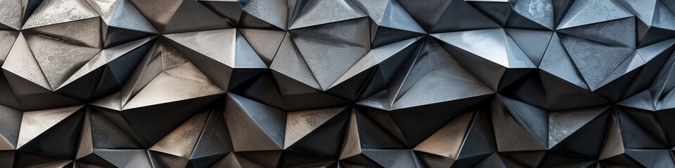 A 3D wall with a metallic finish and polygonal patterns in dark tones.
