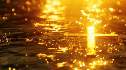 Christian cross on the water, small waves, baptism, sunlight, orange dawn