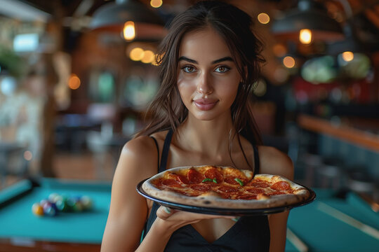 woman in a restaurant Carrying a pizza tray ready to eat inside the restaurant. AI Generated