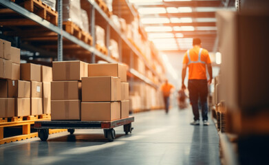 a man pulls a cart carrying boxes through a warehouse