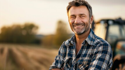 A handsome farmer in a plaid shirt, smiling and looking at the camera - obrazy, fototapety, plakaty